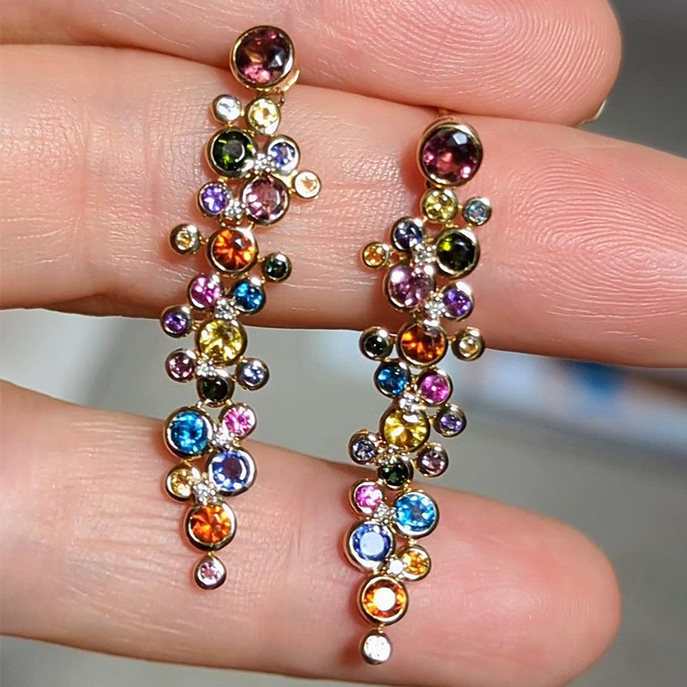 Cluster Design Round Cut Rainbow Sapphire Drop Earrings