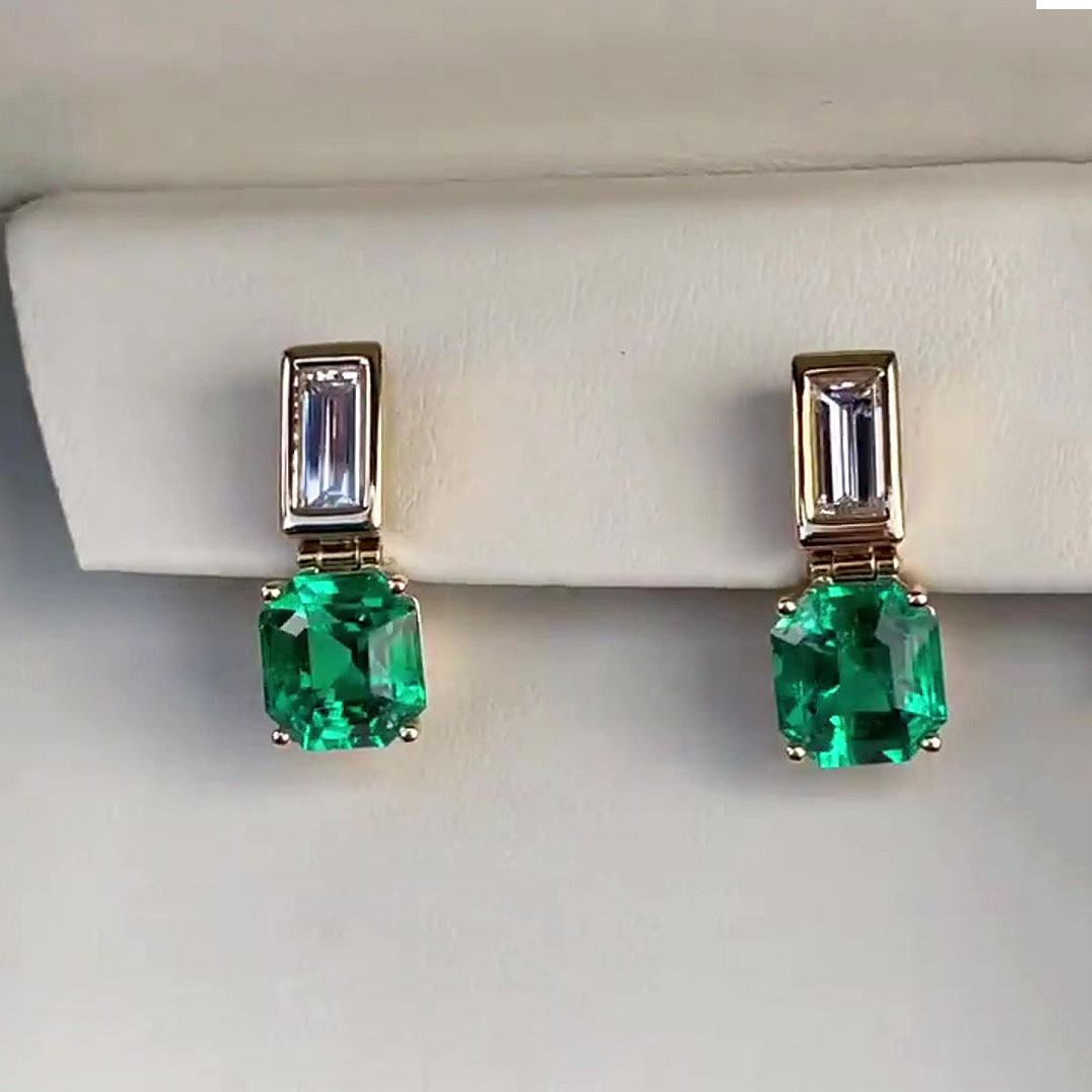 Emerald&Asscher Cut White&Emerald Sapphire Drop Earrings