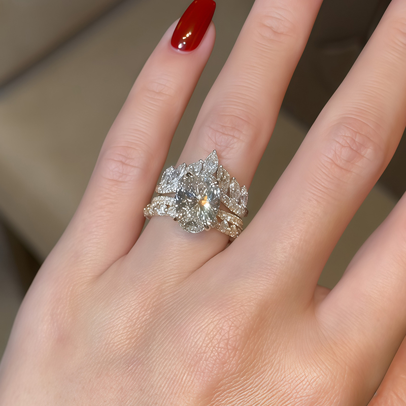 3ct Oval Cut White Sapphire Platinum Leaf Ring Set / 3-Piece