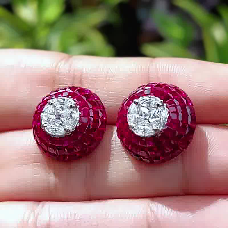 Invisible Setting Round Cut Ruby Sapphire Stud Earrings
