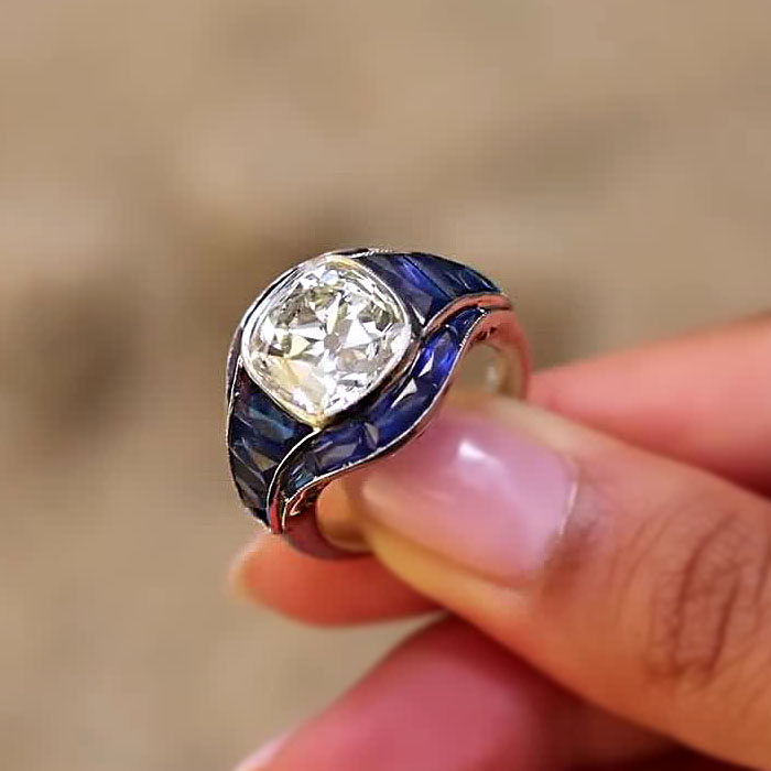 6.57ct Art Deco Cushion Cut Blue Sapphire Engagement Ring