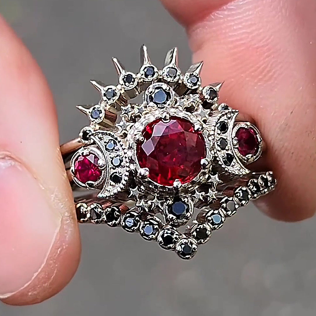 3ct Blood Moon Round Cut Ruby&Black Sapphire Wedding Set/3pcs