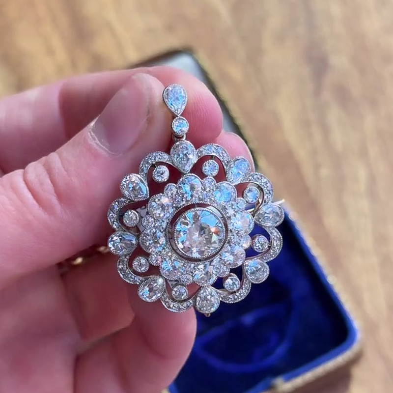 8ctw Round&Pear Cut White Sapphire Silver Filigree Brooch