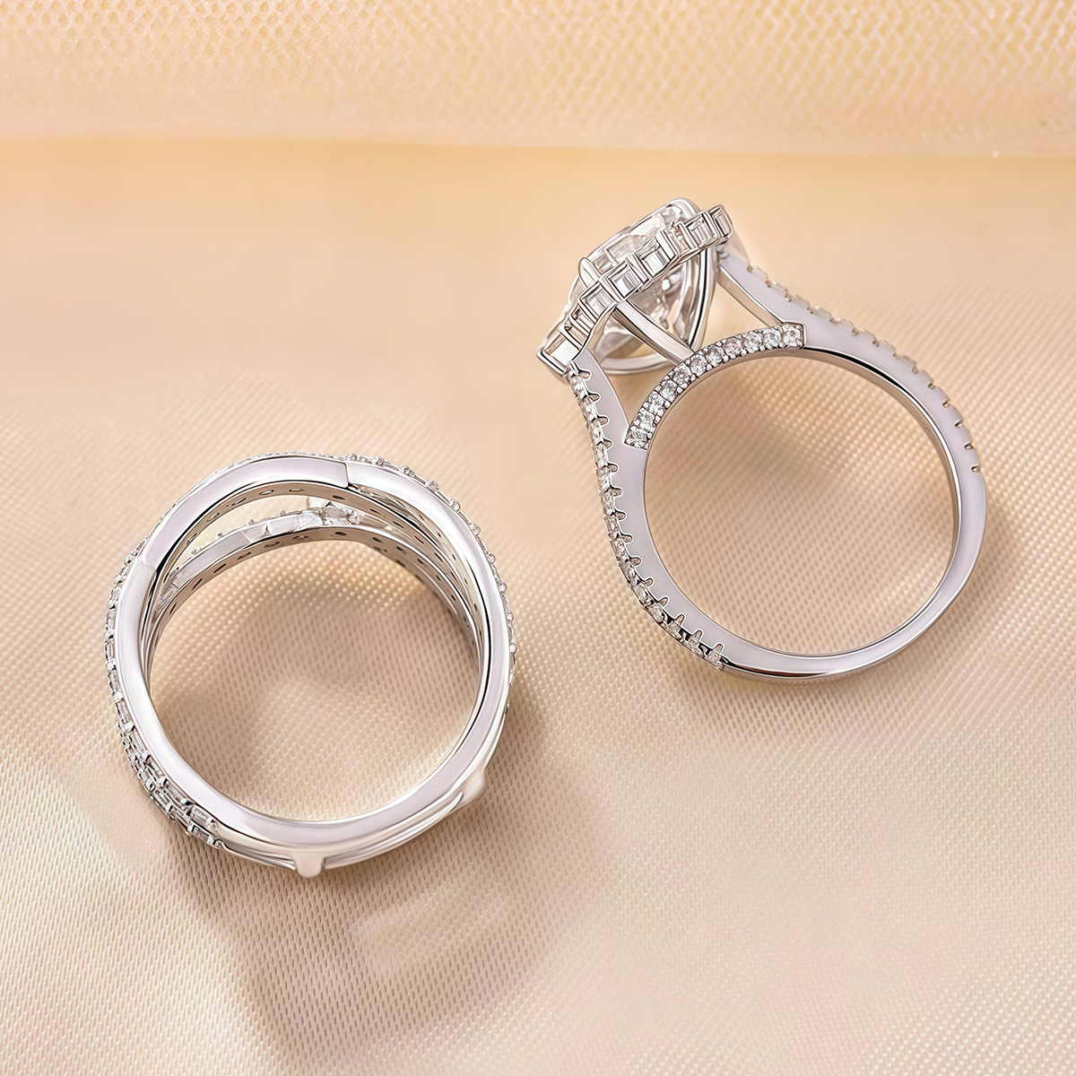 Radiant Cut Ring With Halo Diamond Matching Double Twisted Pave Set Wrap Enhancer Band / 2pcs