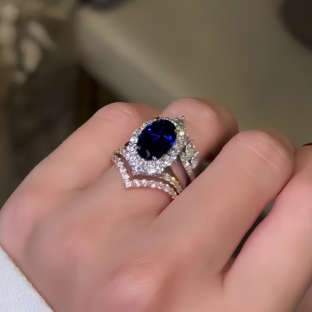 Halo 4ct Oval Cut Blue Sapphire Wedding Set/3pcs