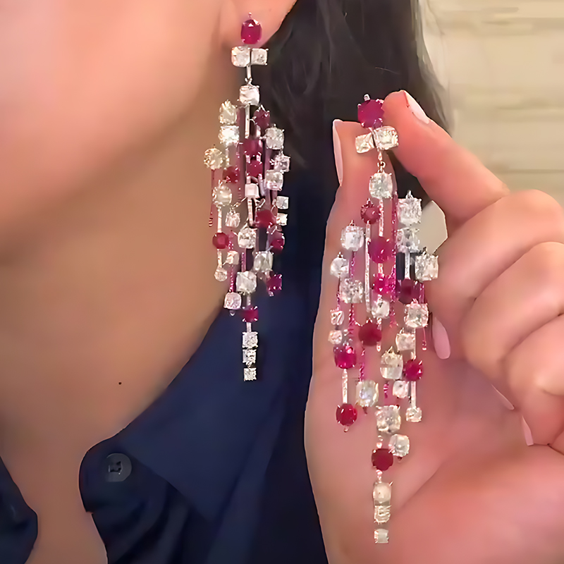 Ruby & White Sapphire Multi-Tier Chandelier Earrings