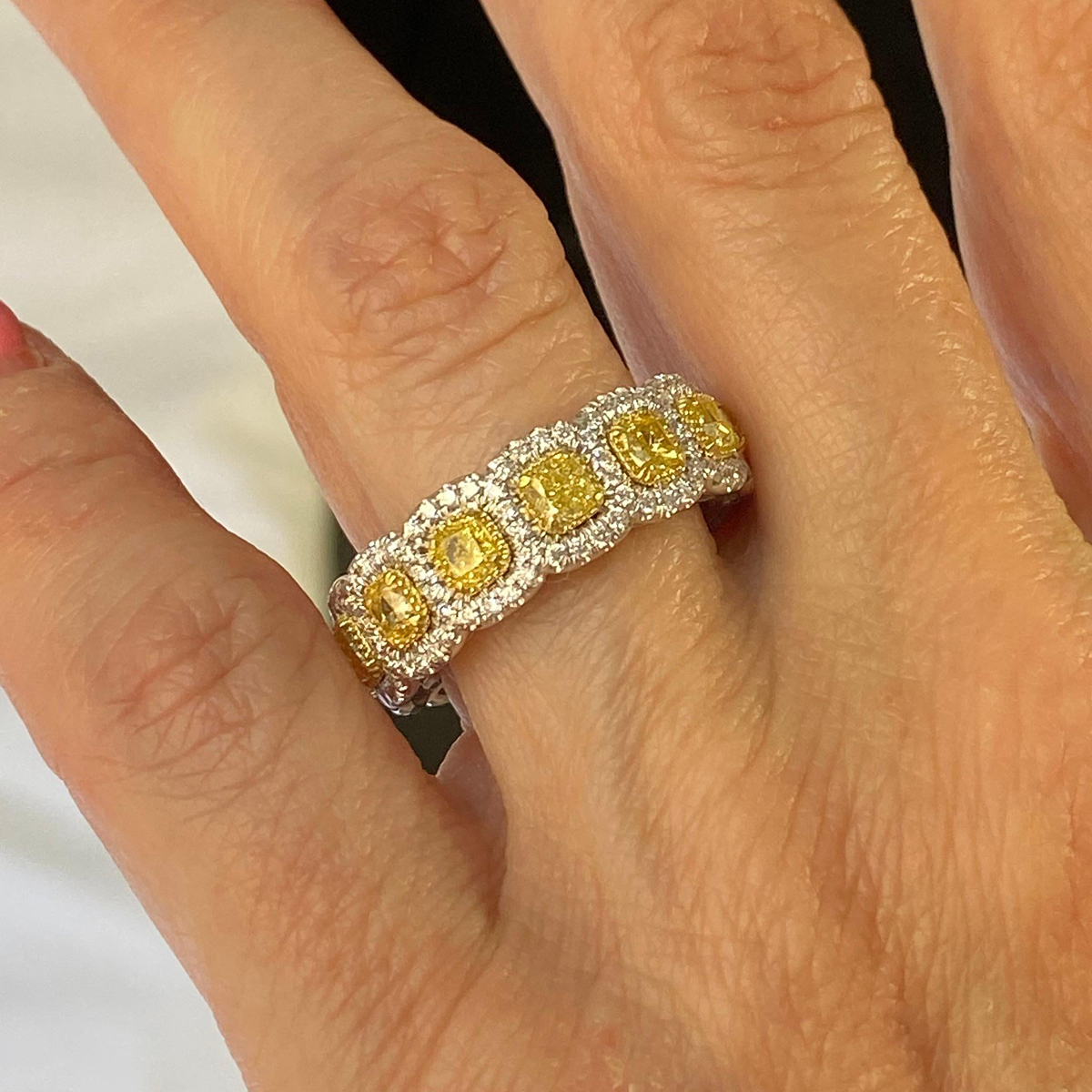 Cushion Cut Yellow Sapphire Eternity Wedding Band