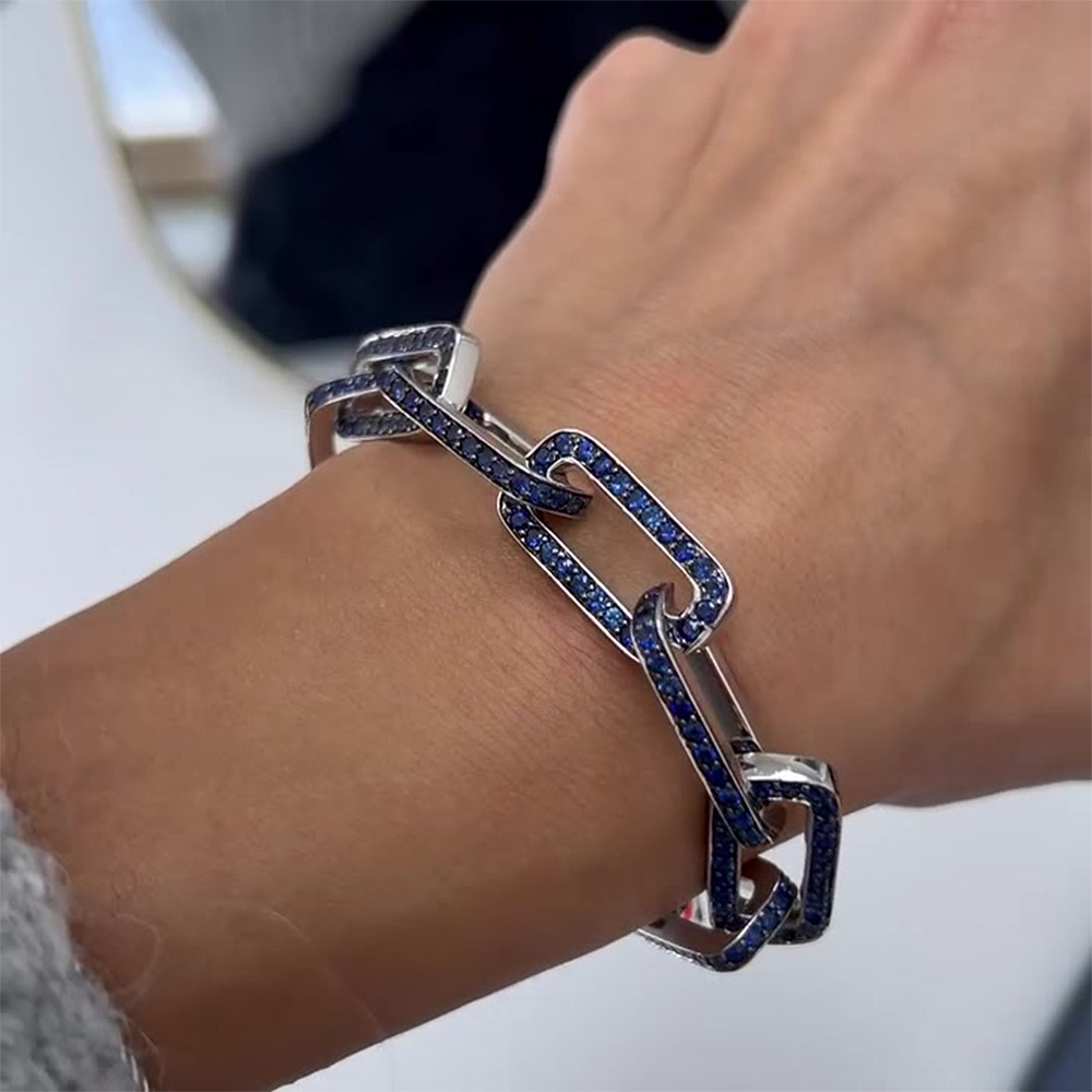 Blue Sapphire Lock Ring Design Round Cut Bracelet