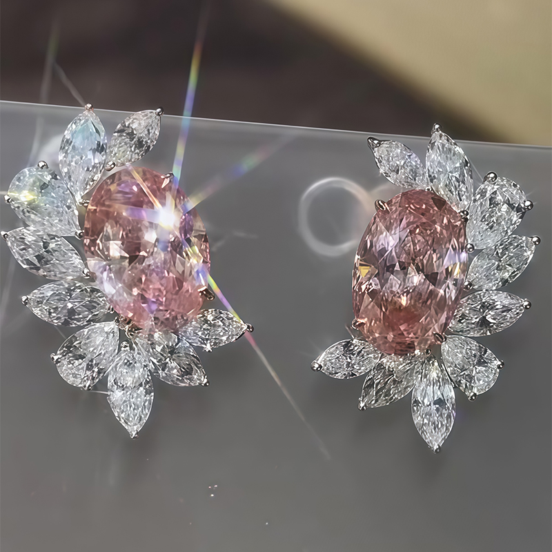 Halo Pink Sapphire Oval Cut Stud Earrings