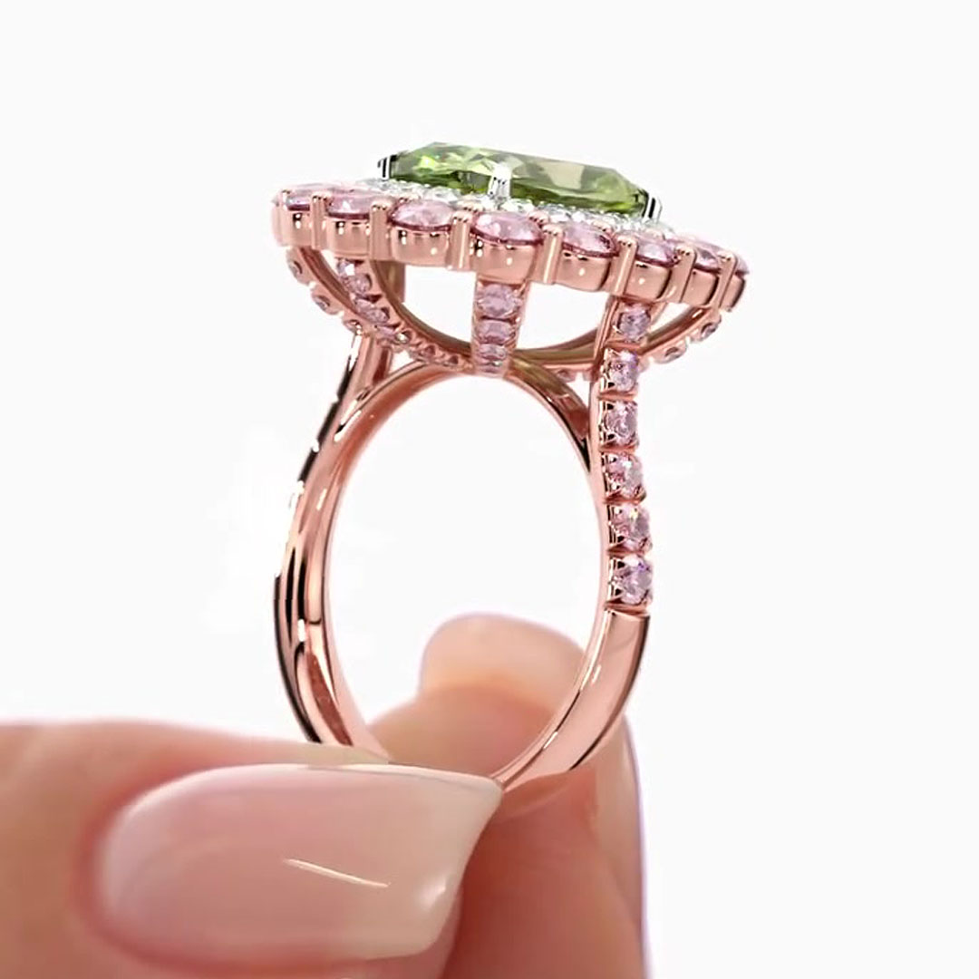 Double Halo 4ct Cushion Cut Peridot Sapphire Engagement Ring