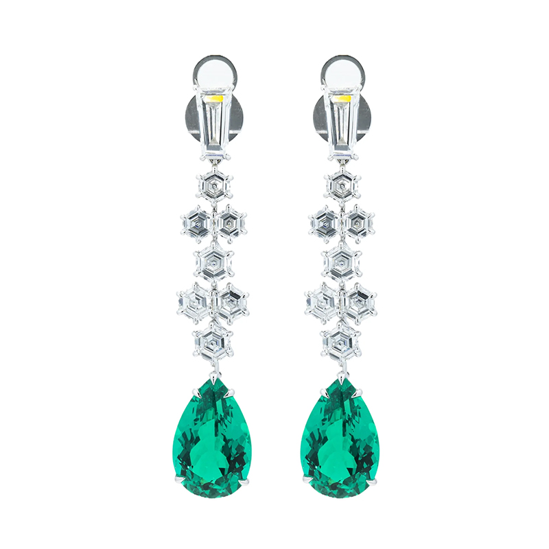 Two Tone White&Emerald Sapphire Drop Earrings