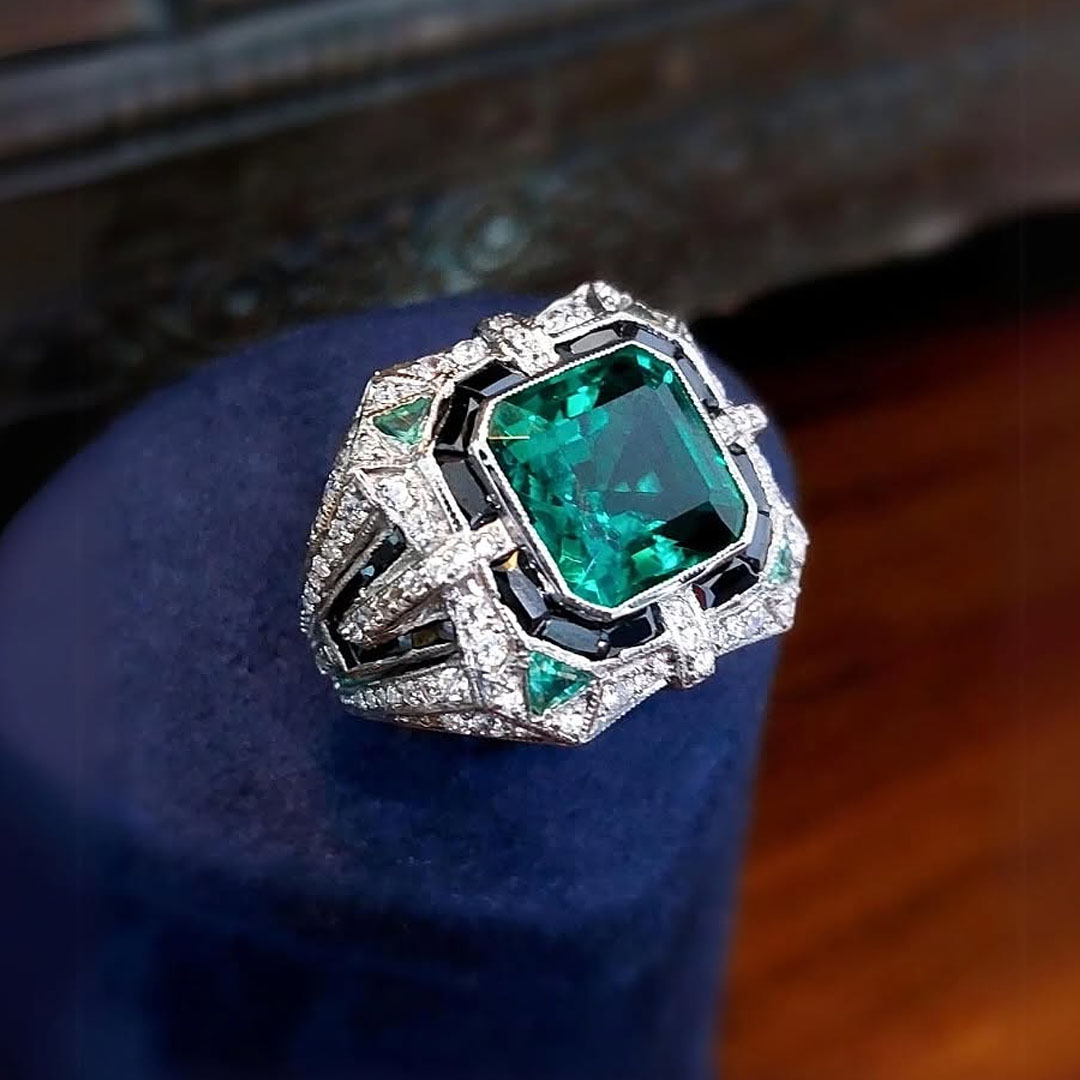 Bezel Setting 5ct Asscher Cut Emerald Sapphire Engagement Ring For Men