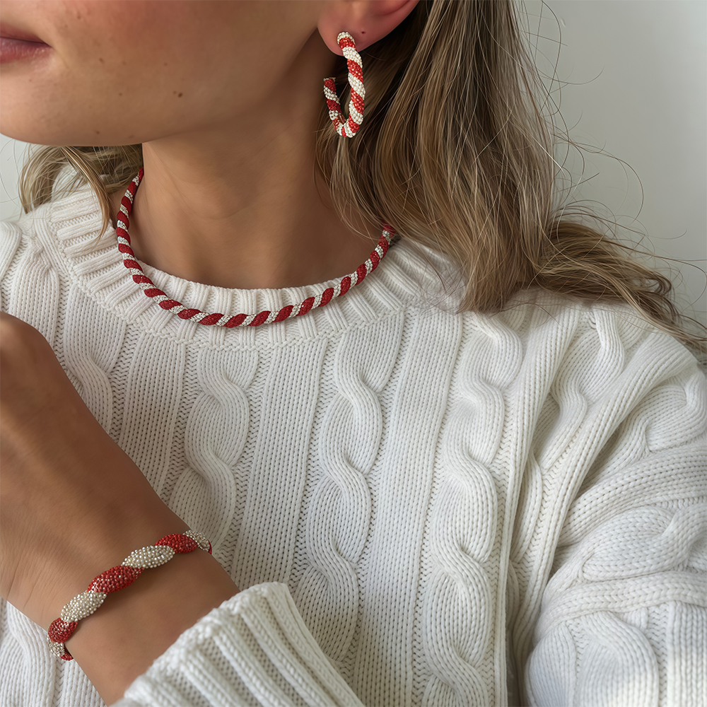 Bold Fashion Style Red&White Sapphire Braided Hoop Earrings