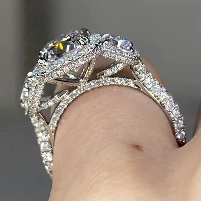 3ct Halo Three-stone Cushion Cut Diamond Engagement Ring