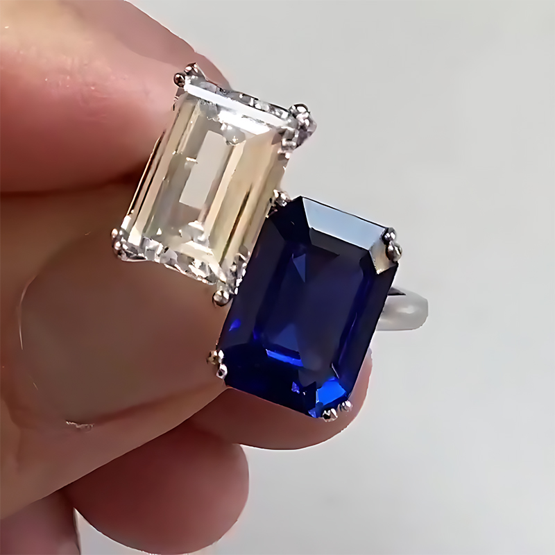 Toi et Moi Emerald Cut Blue & White Sapphire Engagement Ring