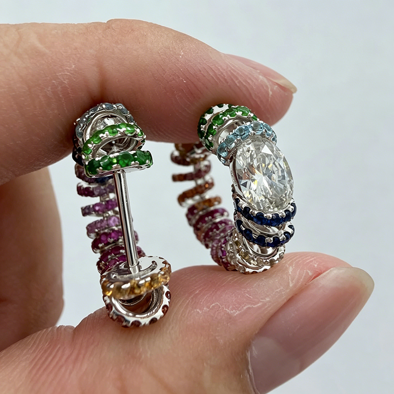 Oval Cut White & Round Cut Multicolor Sapphire Rainbow Twist Hoop Earrings