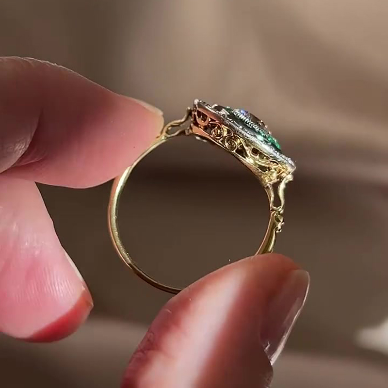 Emerald & White Sapphire Round & Princess Cut Halo Engagement Ring