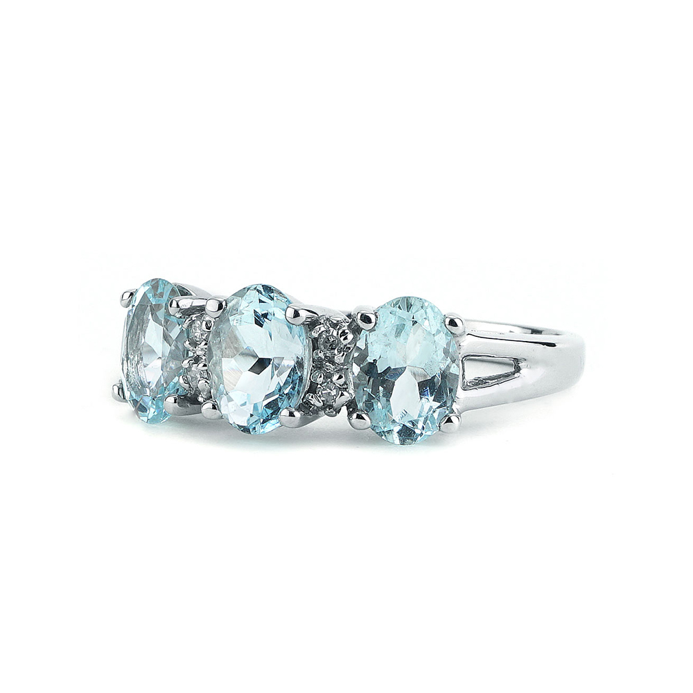 Oval Cut Aquamarine & White Sapphire  Three-Stone Ring