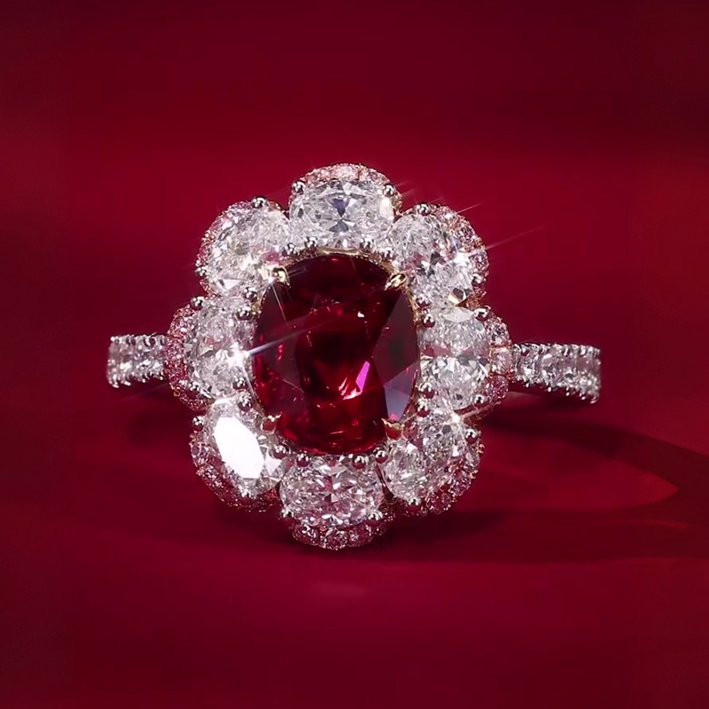 Romantic Floral 3ct Oval Cut Vivid Red Ruby & White Sapphire Statement Ring