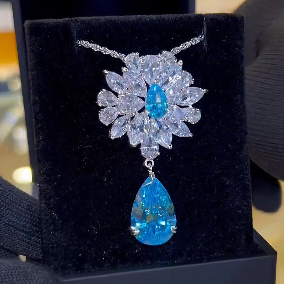 Two-tone Pear&Marquise Cut Aquamarine&White Sapphire Pendant