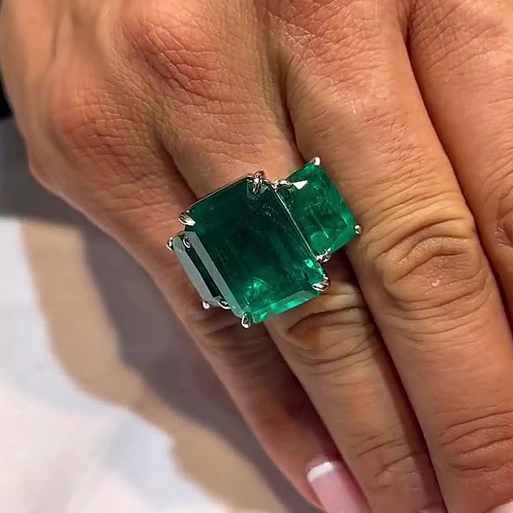 16ct Three-stone Emerald Cut Emerald Sapphire Ring