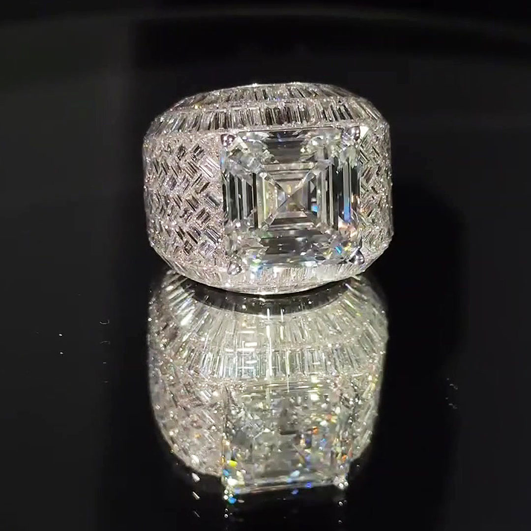Sparkling 10ct Asscher Cut White Sapphire Men's Hip Hop Ring
