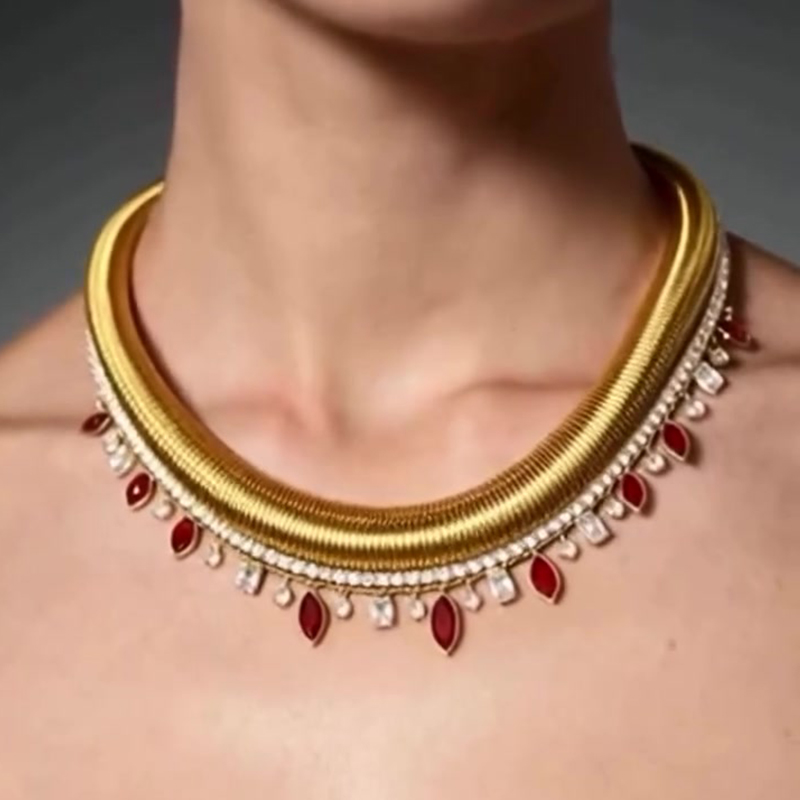 Tubogas Red & White Sapphire Fringe Choker Necklace