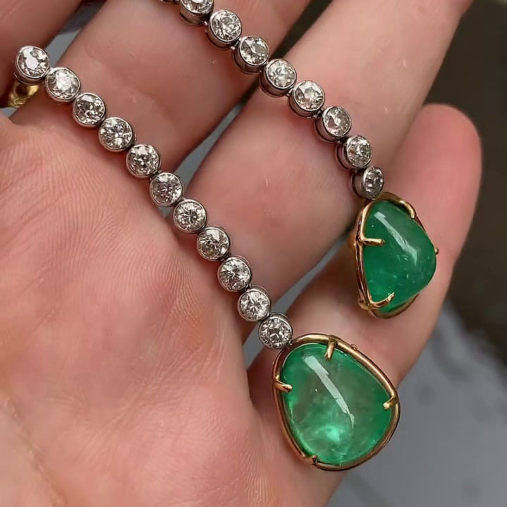 Two-tone Emerald&White Sapphire Dangle Earrings