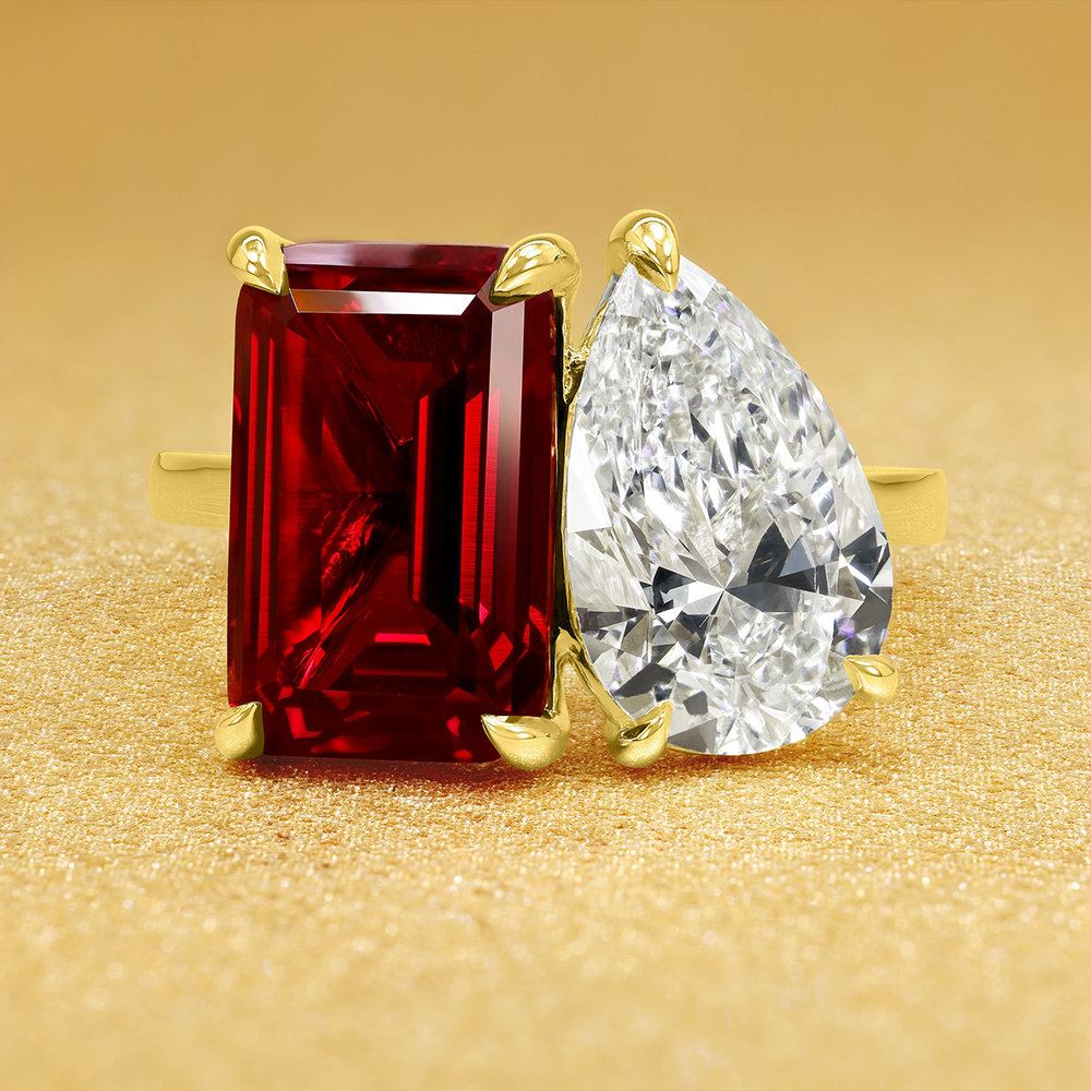 Toi et Moi 3ct Emerald&Pear Cut Ruby&White Sapphire Engagement Ring