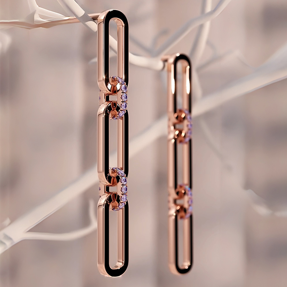Chain-Link Round Cut Purple Sapphire Drop Earrings