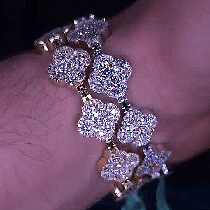 Four Leaf Clover Round Cut White Sapphire Bracelet for Men