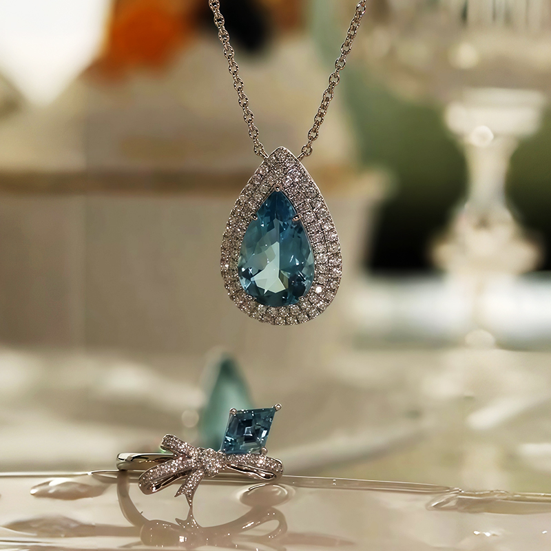 Ethereal Charming Sky Blue Aquamarine & White Sapphire Jewelry Set / 2 pieces