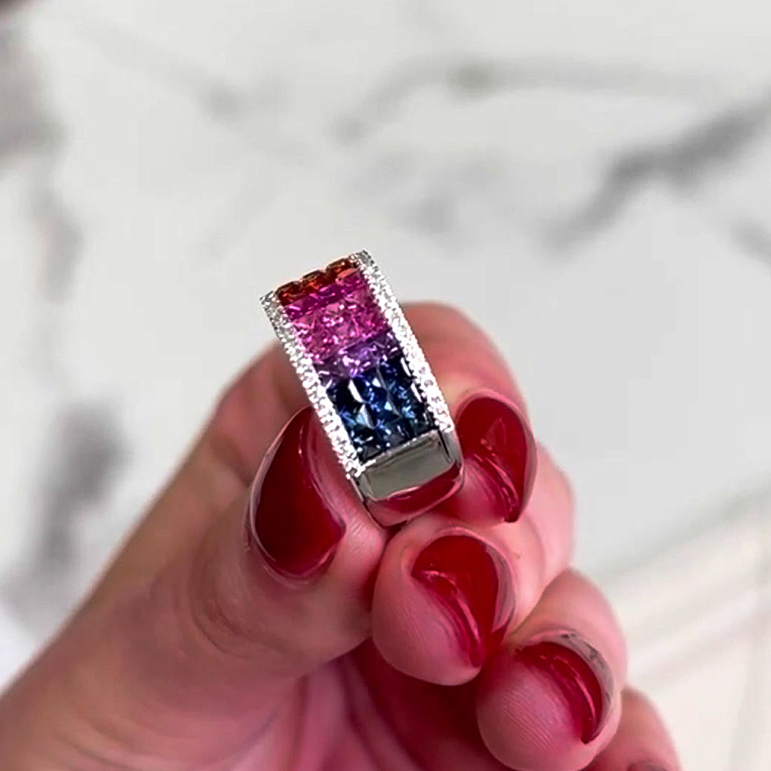 3.25ct Three Row Princess Cut Rainbow Sapphire Eternity Ring