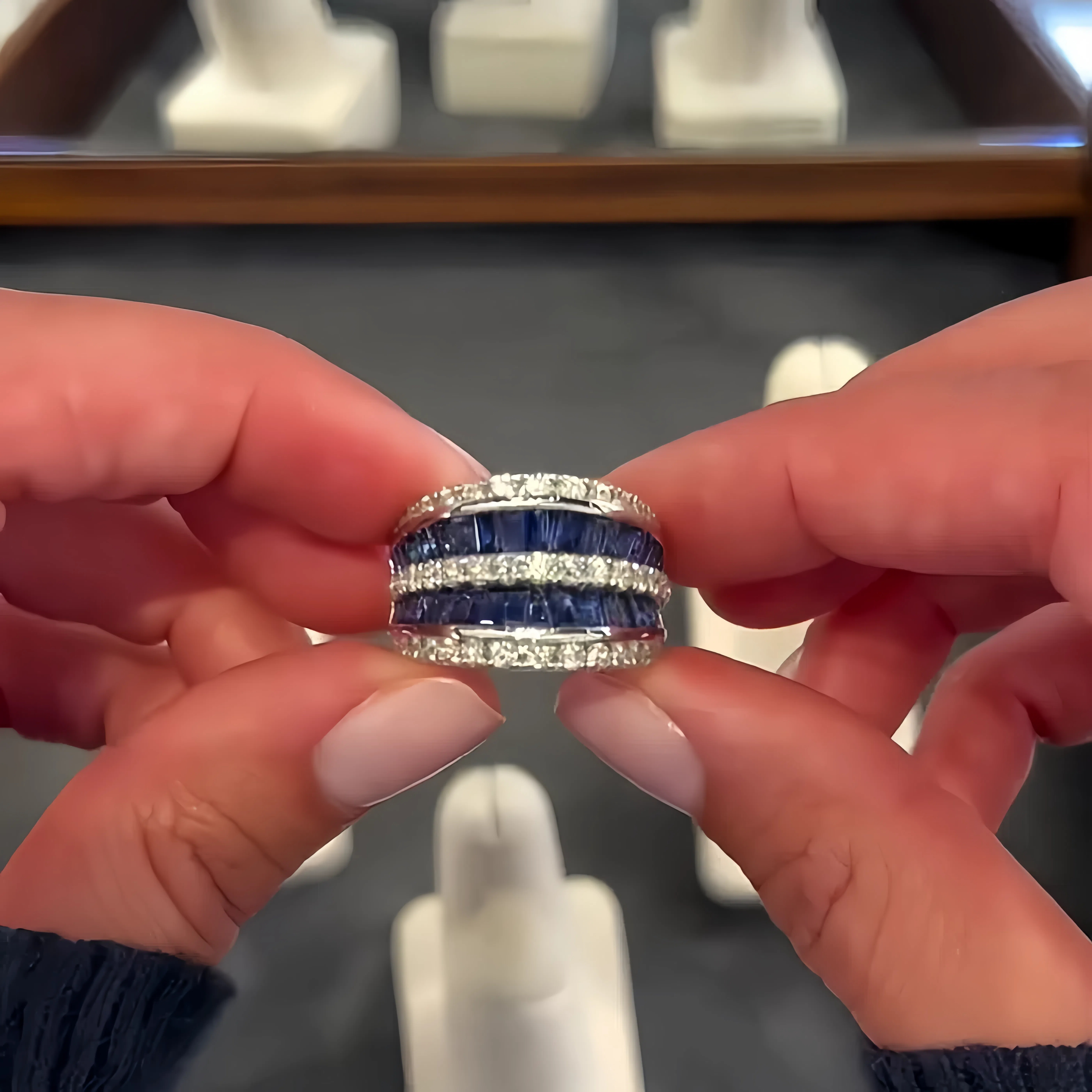 4ct Emerald&Round Cut Five Row Diamond Wedding Band