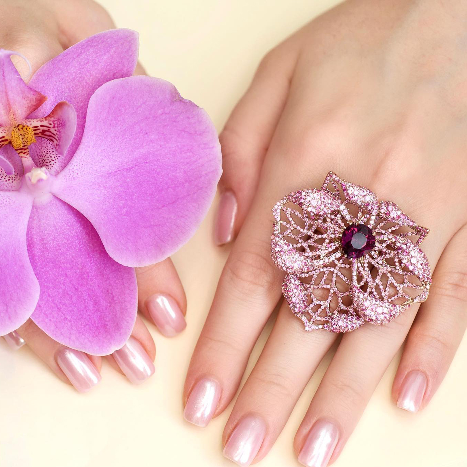 Pavé Amethyst & Pink Sapphire Orchid Cocktail Ring