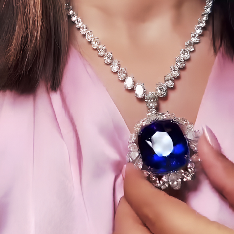 Halo Cushion Cut Blue Sapphire Pendant Necklace