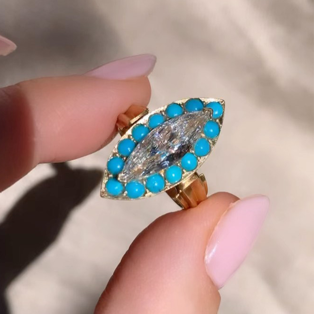 Bohemian 2.5ct Marquise Cut White Sapphire & Turquoise Statement Ring