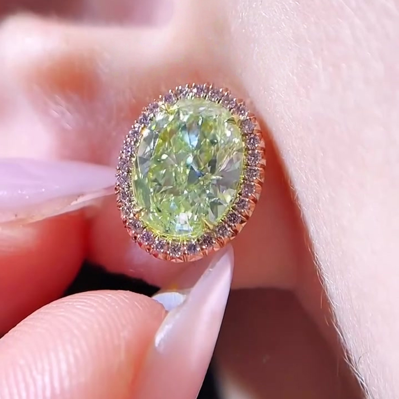 Pink Halo Oval Cut Apple Green Sapphire Stud Earrings