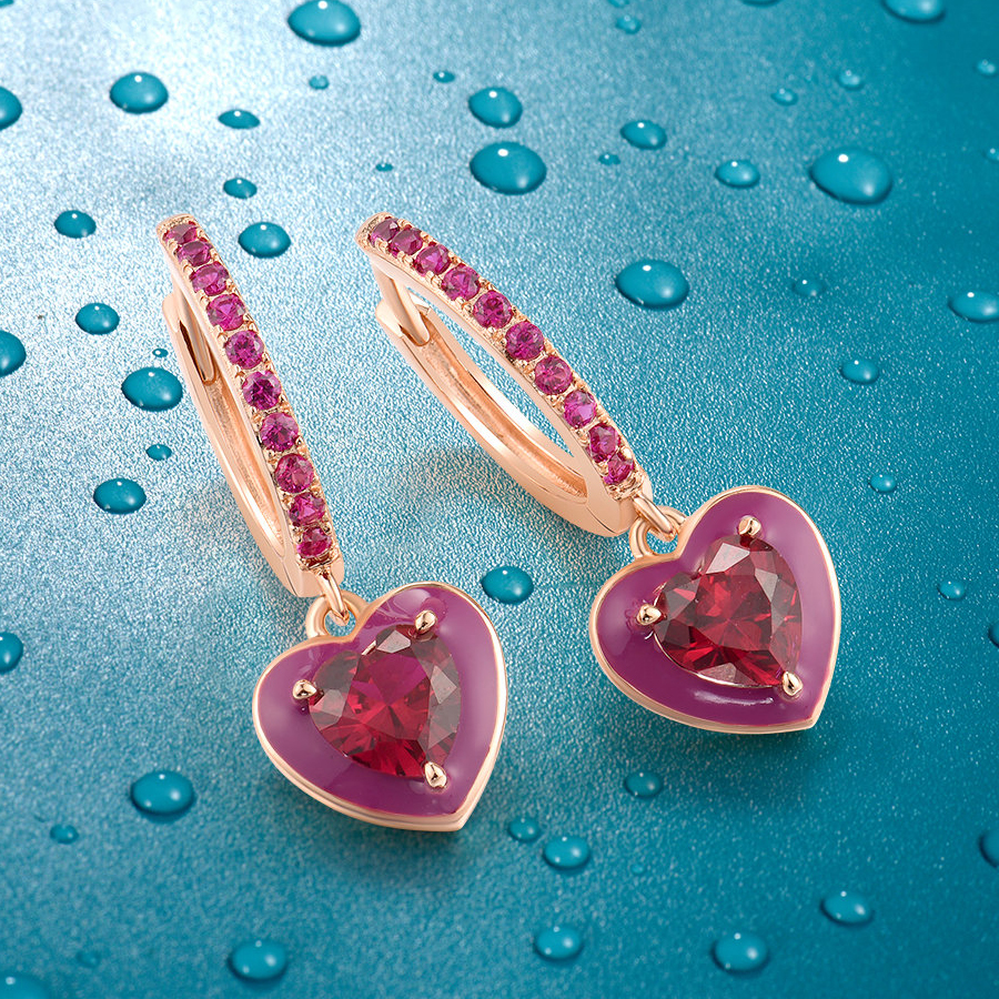 Heart Cut Ruby Enamel Sapphire drop earrings