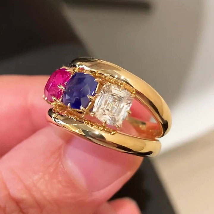 2ct Three-stone Cushion Cut Multi-color Split Shank Ring
