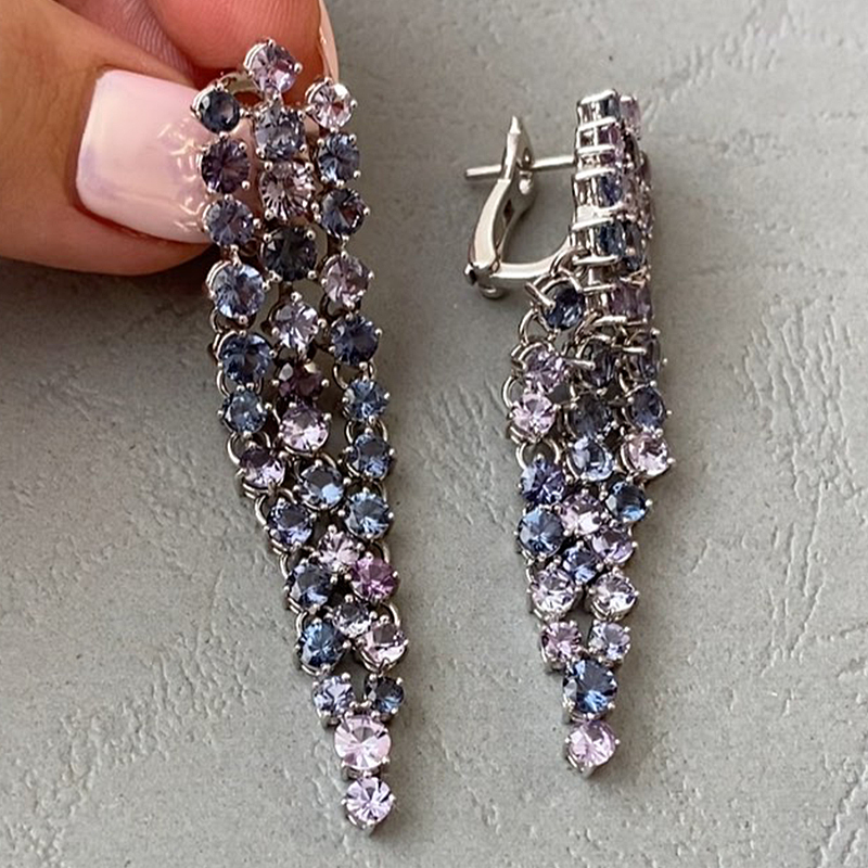 Round Cut Lavender & Indigo Sapphire Silver Threader Drop Earrings