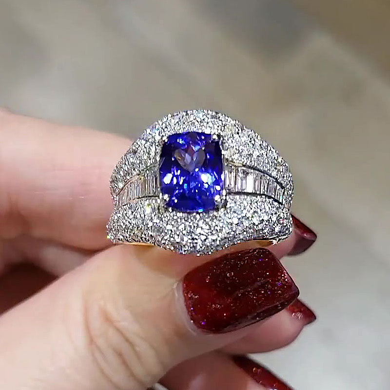 5ct Cushion Cut Blue Sapphire Cocktail Ring