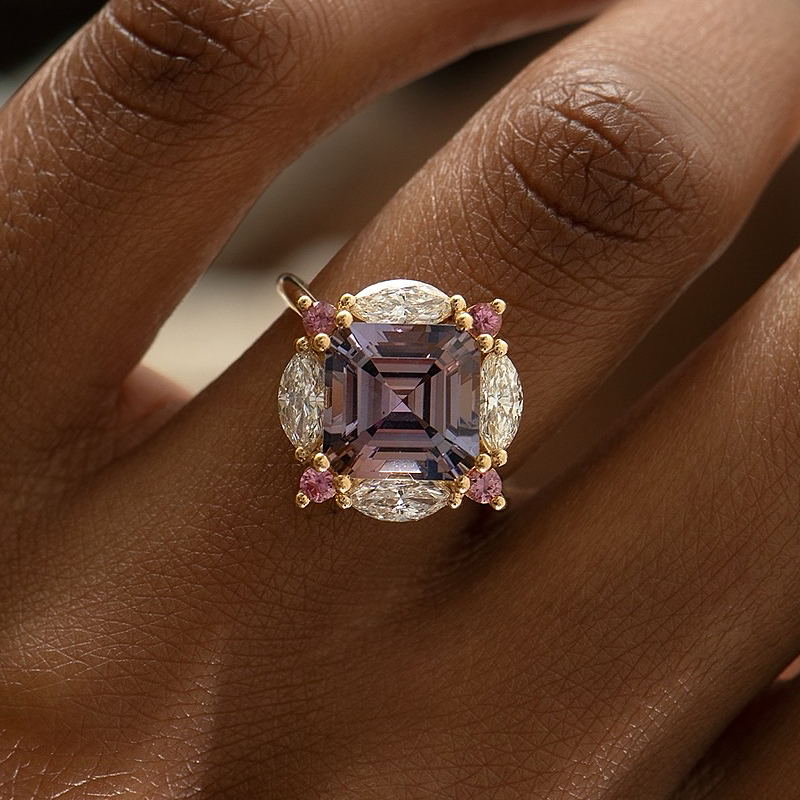 Asscher Cut Lavender Spinel & Multi-Stone Halo Ring