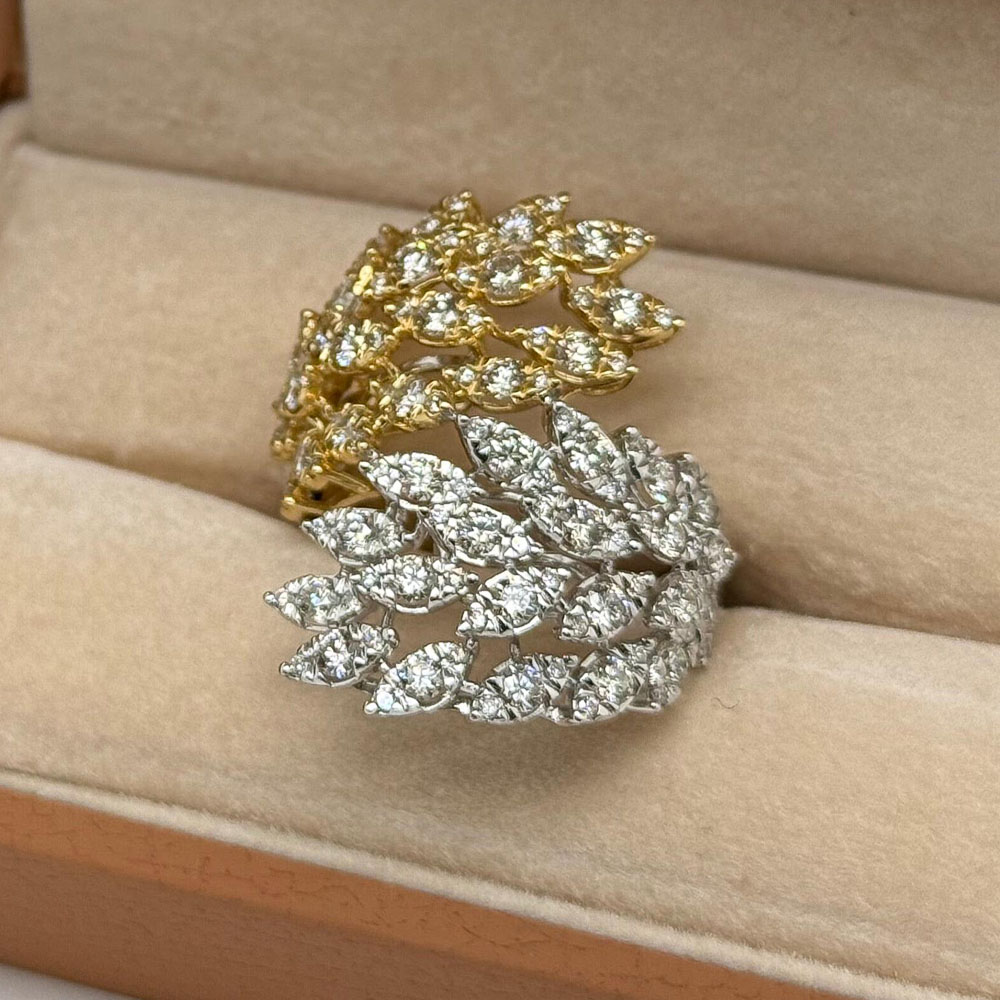 Two Tone Leafs 0.8ct Round Cut White Sapphire Cocktail Ring