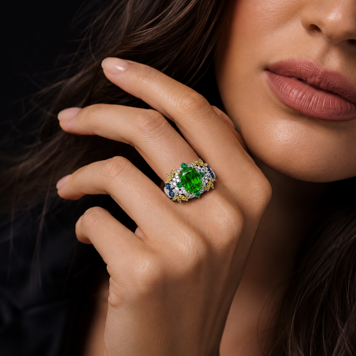 Original Design - Cushion Cut Tsavorite Garden Engagement Ring