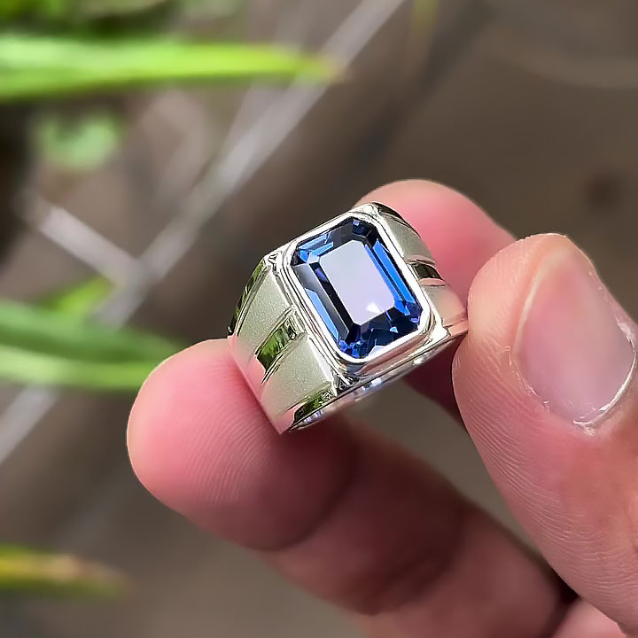 5ct Bezel Setting Emerald Cut Blue Sapphire Men's Engagement Ring