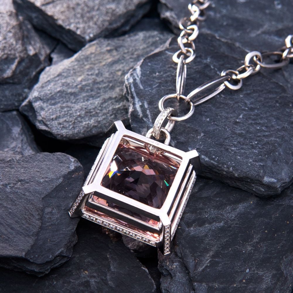 Halo Radiant Cut Morganite Pendant Necklace