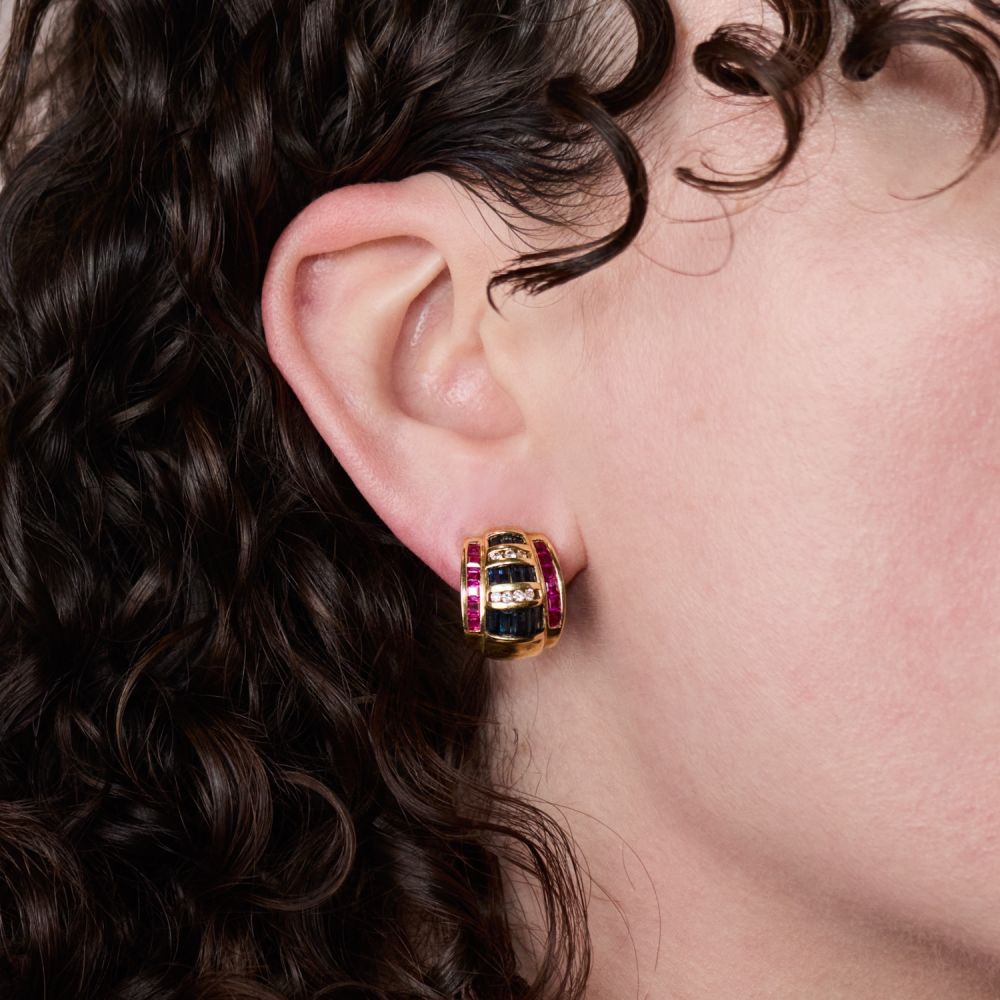 Three Tone Blue&Ruby&White Sapphire Hoop Earrings