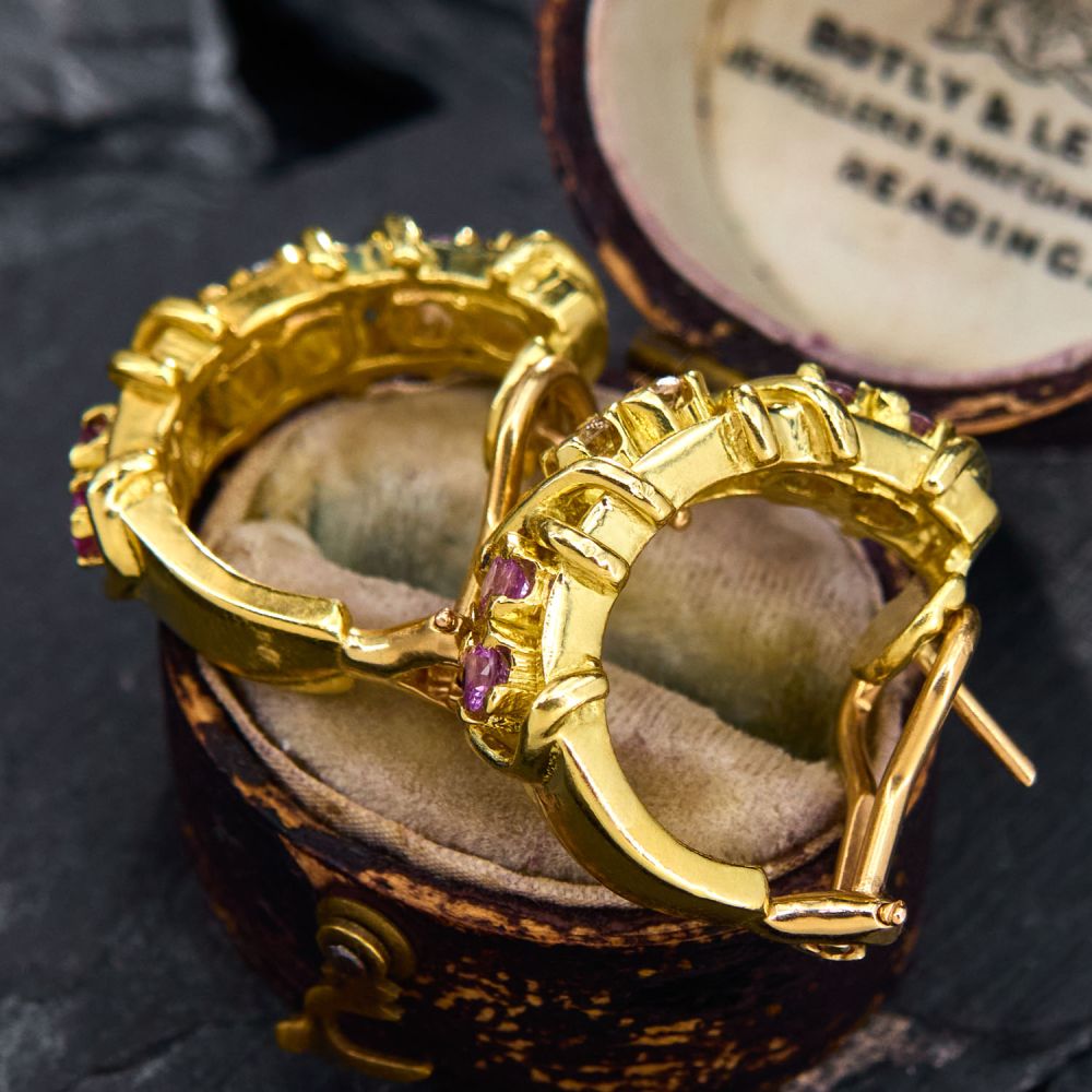 Two Tone Round Cut Pink&White Sapphire Hoop Earrings