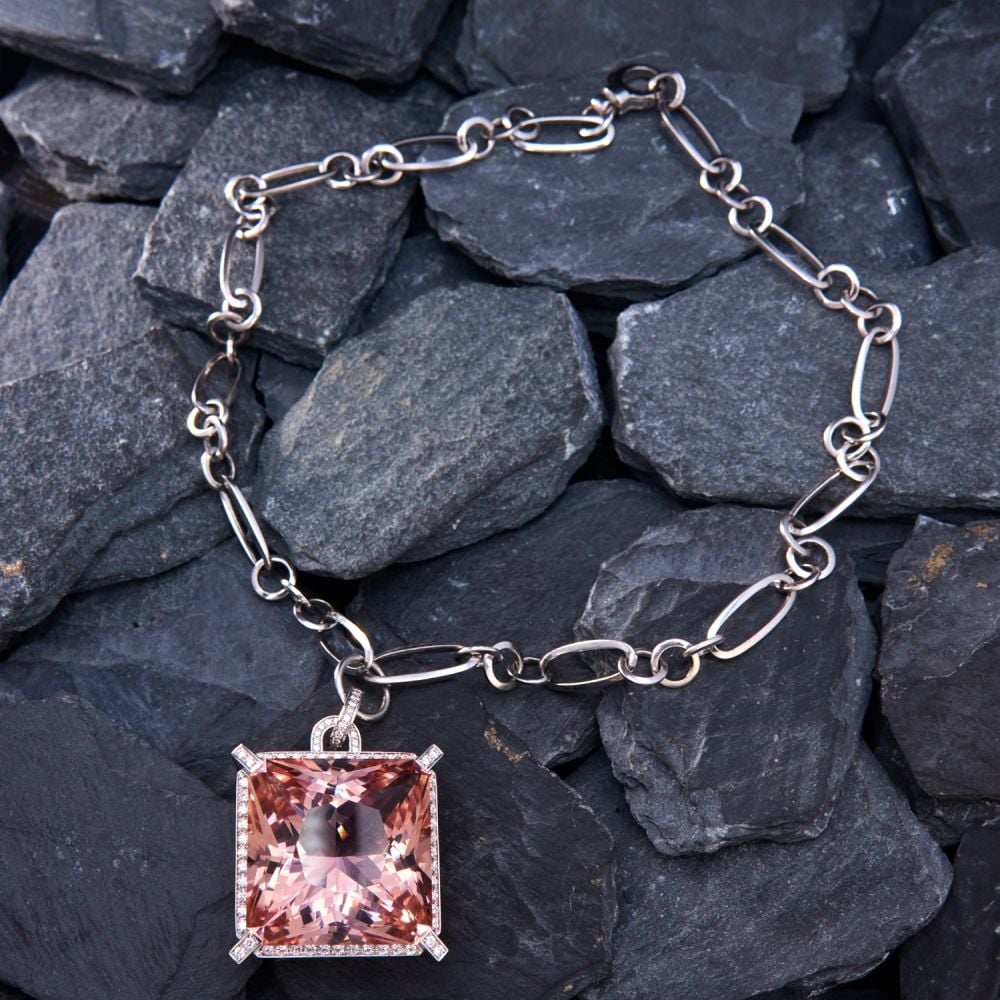 Halo Radiant Cut Morganite Pendant Necklace